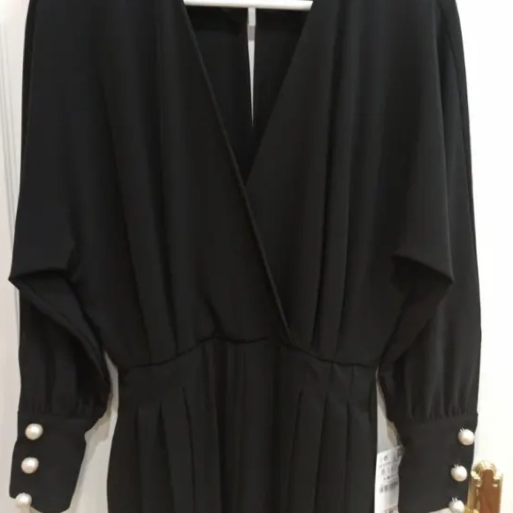 NWT ZARA BLACK CROSSOVER JUMPSUIT WITH FAUX PEARLS - Picture 9 of 15